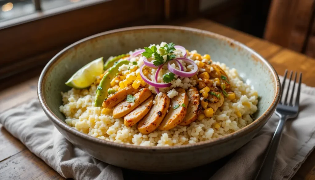 street corn chicken rice bowl