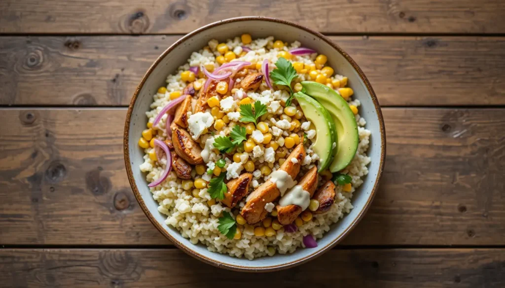 street corn chicken rice bowl