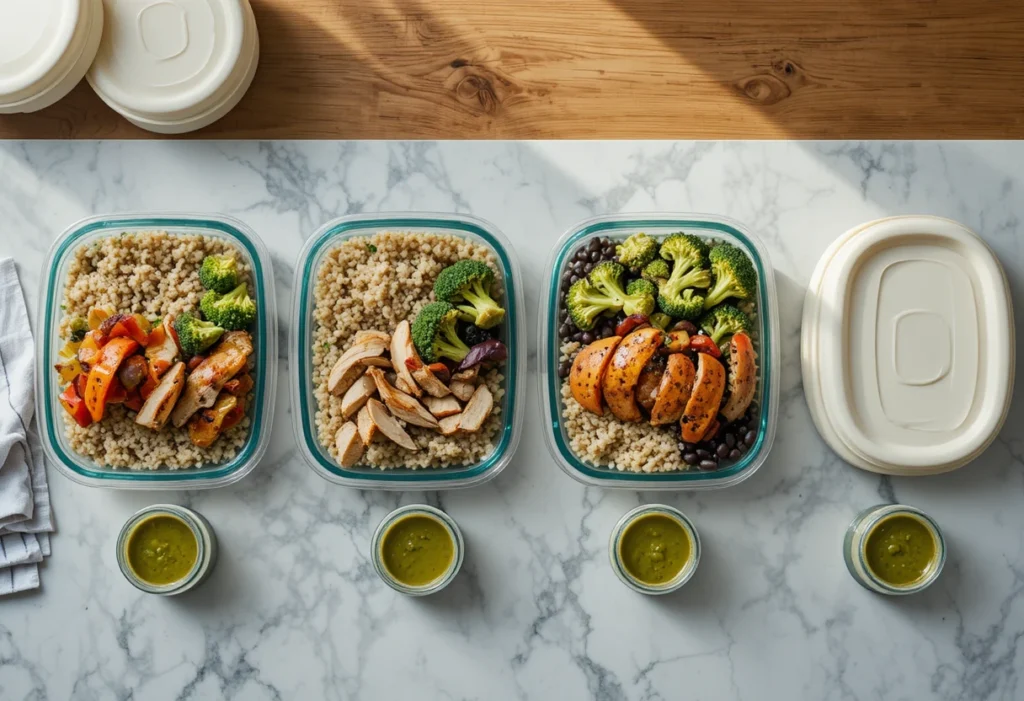 Four chicken meal prep bowls in glass containers with sauce jars