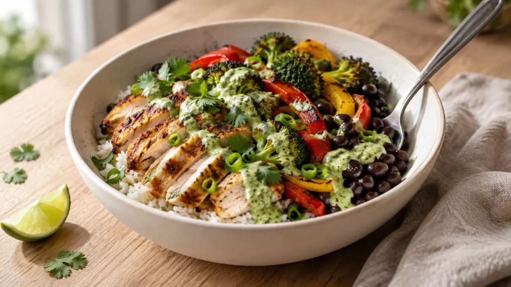 High protein chicken bowl with sliced chili-lime chicken, rice, roasted broccoli, peppers, black beans, and green sauce