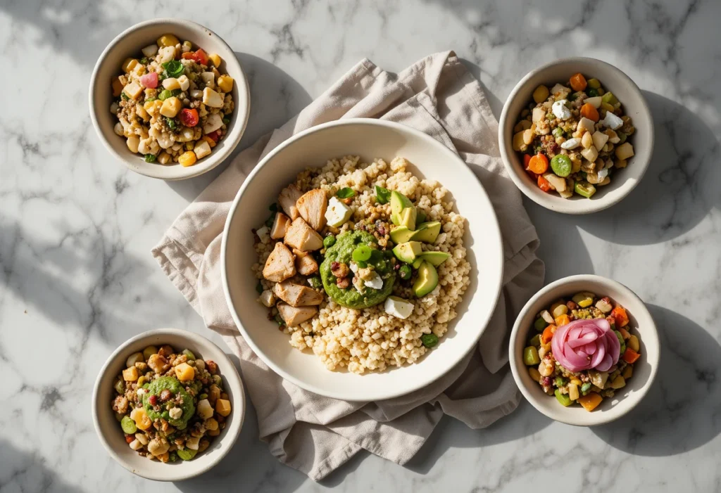 Five variations of high protein chicken bowls in a row