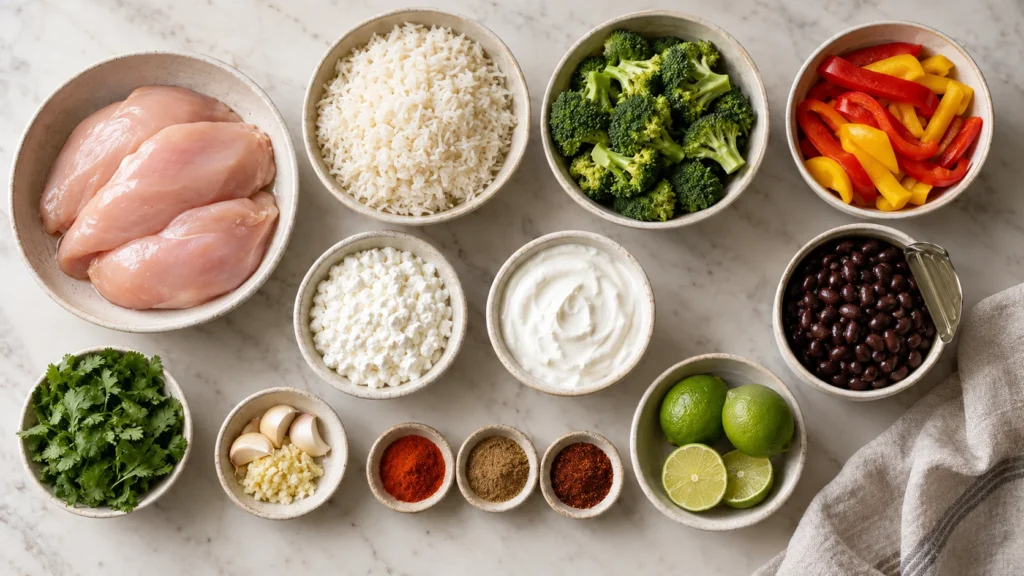 Ingredients for high protein chicken bowls laid out on a marble counter