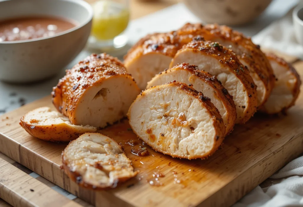 Juicy sliced chicken breast on a cutting board
