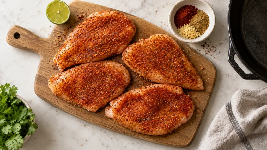 Chicken breasts pounded thin and coated in chili-lime spice rub