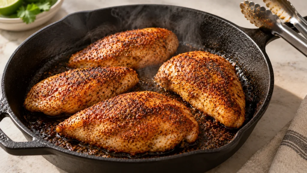 Seasoned chicken searing in a cast iron skillet