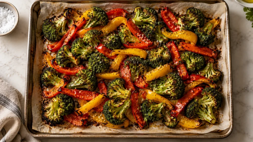 Roasted broccoli and bell peppers on a sheet pan