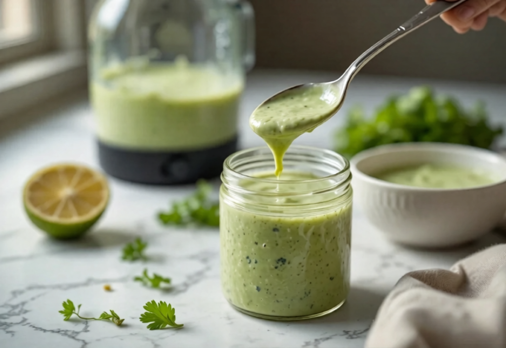Creamy cottage cheese and Greek yogurt cilantro-lime sauce on a spoon