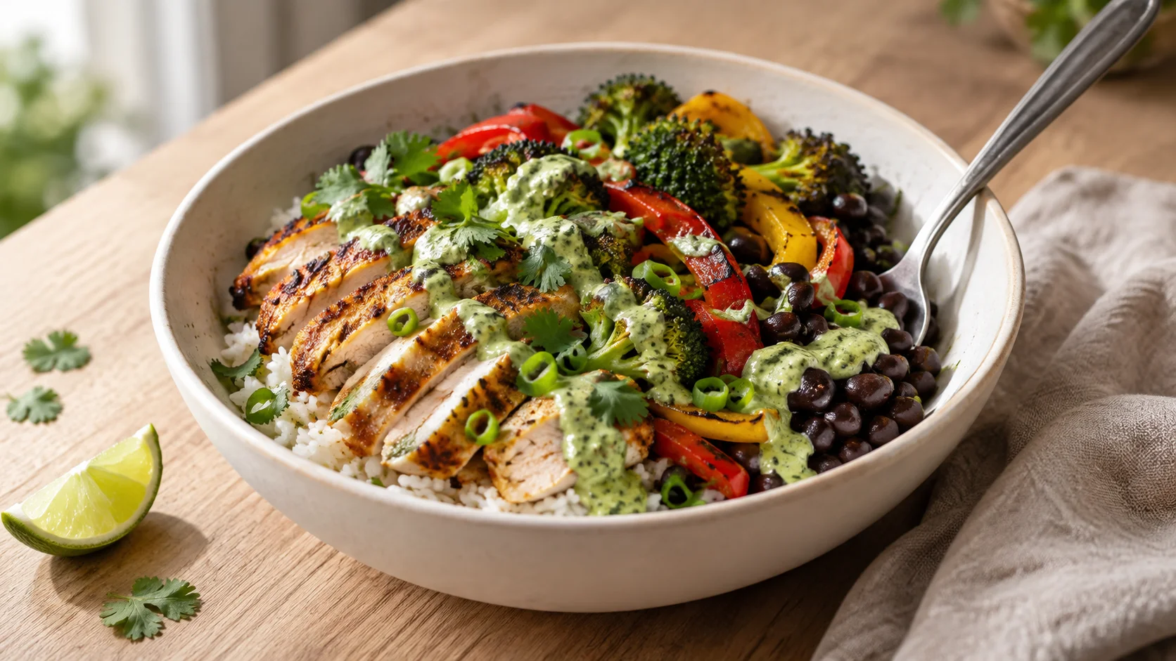High protein chicken bowl with sliced chili-lime chicken, rice, roasted broccoli, peppers, black beans, and green sauce