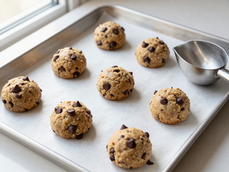 Scooped chocolate chip cookie dough balls on a parchment-lined baking sheet