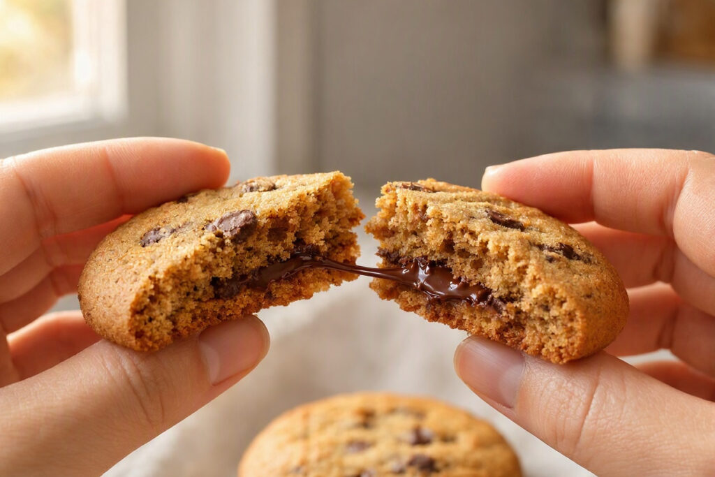 Hands pulling apart a warm chocolate chip cookie with melted chocolate