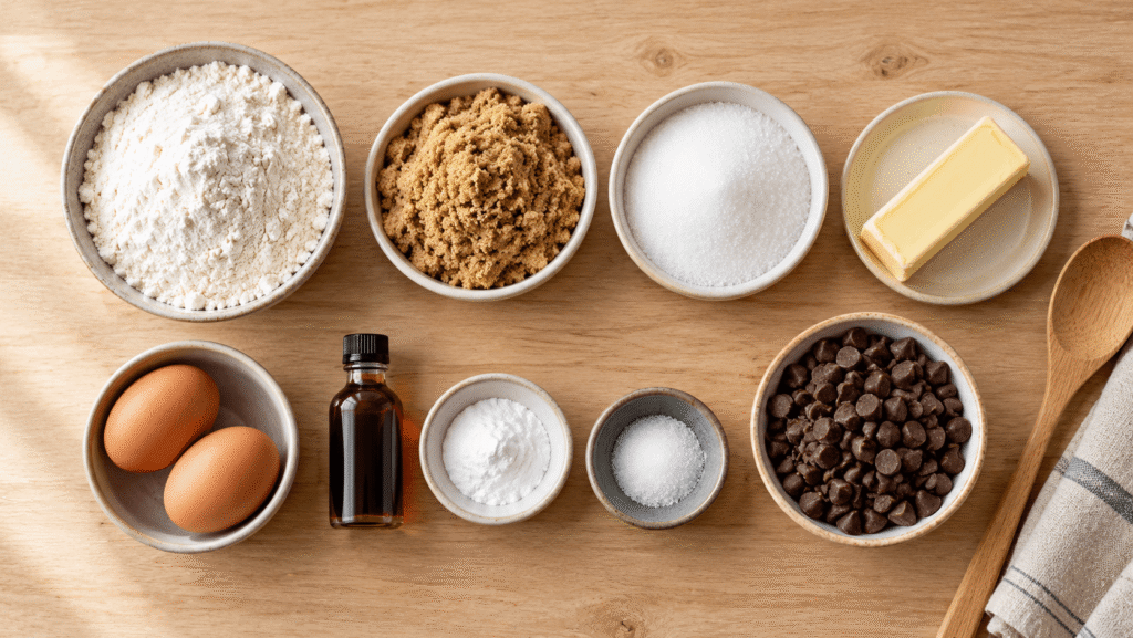 Overhead view of ingredients for chocolate chip cookies laid out in small bowls