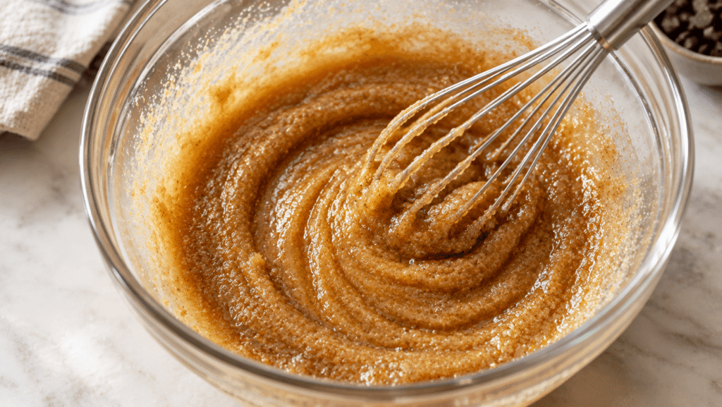 Melted butter whisked with brown and granulated sugar in a glass bowl