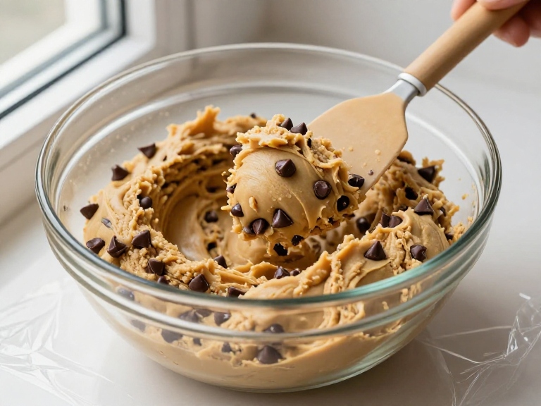 Thick chocolate chip cookie dough in a bowl with a spatula, ready to chill
