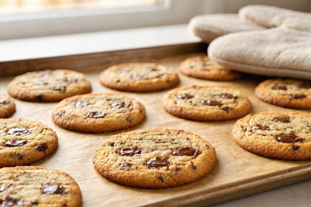 Baked chocolate chip cookies on a tray with golden edges and soft centers