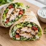 High protein chicken wraps cut in half showing sliced chicken, lettuce and creamy sauce
