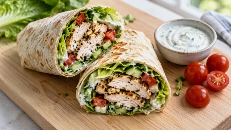 High protein chicken wraps cut in half showing sliced chicken, lettuce and creamy sauce