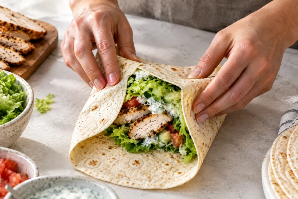 Folding a chicken wrap tightly with the sides tucked in