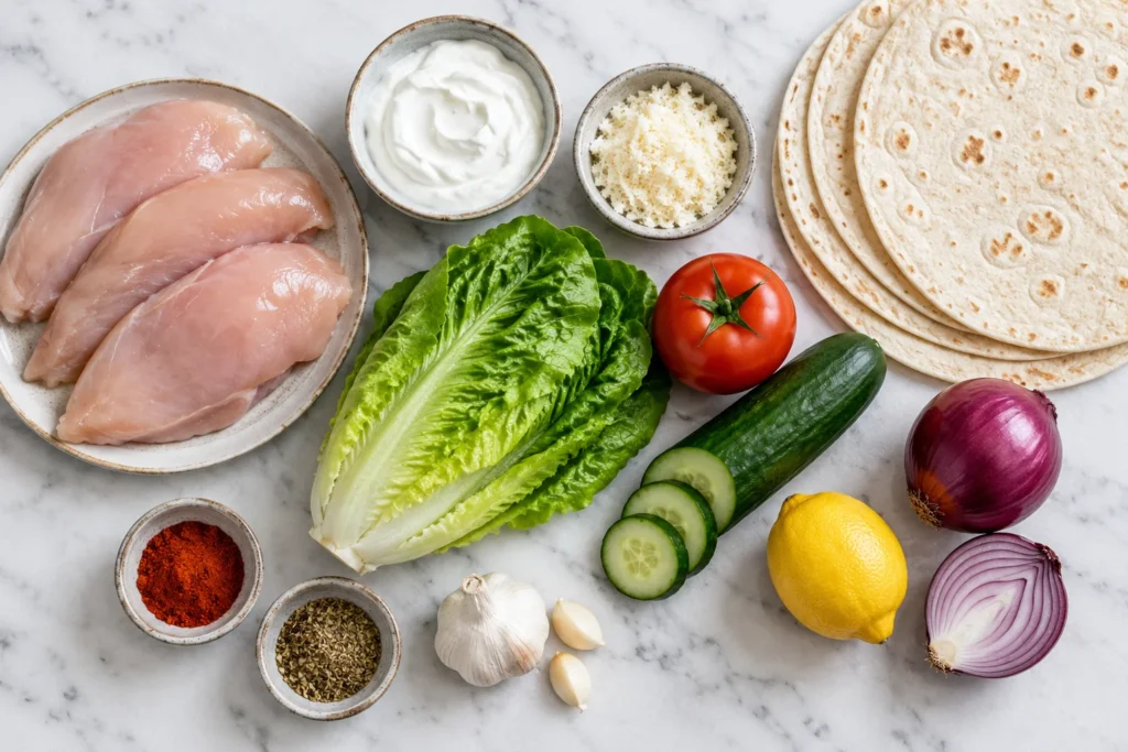 Ingredients for high protein chicken wraps laid out on a counter