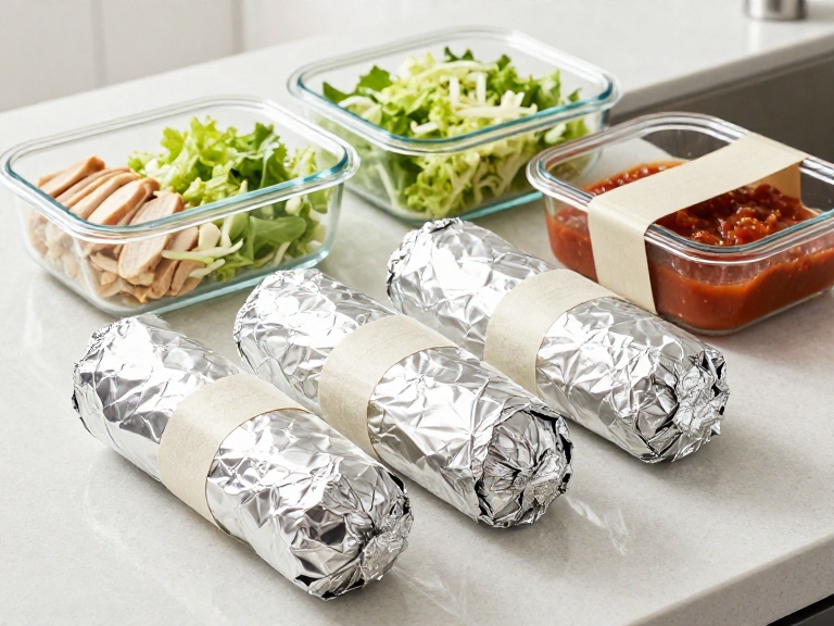 Chicken meal prep wraps wrapped in foil next to containers of sauce and vegetables