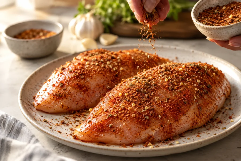 Sliced garlic seasoned chicken breast resting on a cutting board