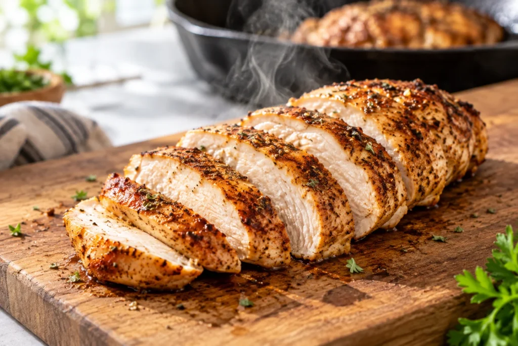 Sliced garlic seasoned chicken breast resting on a cutting board
