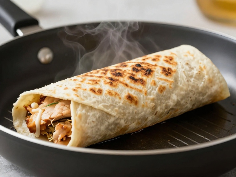 Golden toasted chicken wrap in a skillet