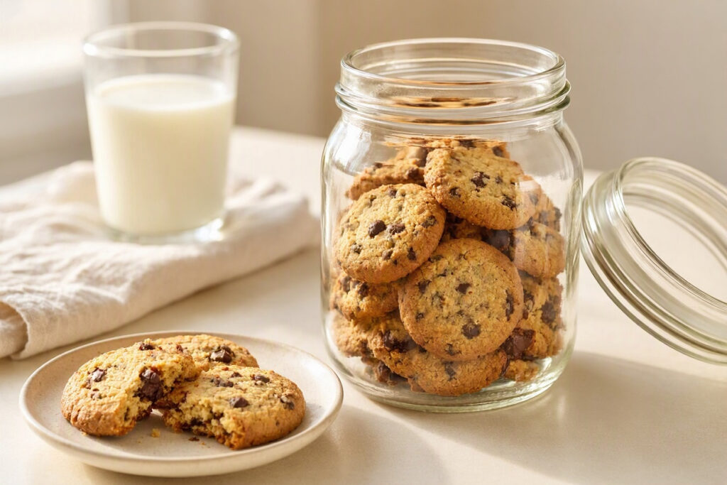 Chocolate chip cookies stored in a glass airtight jar on a kitchen counter